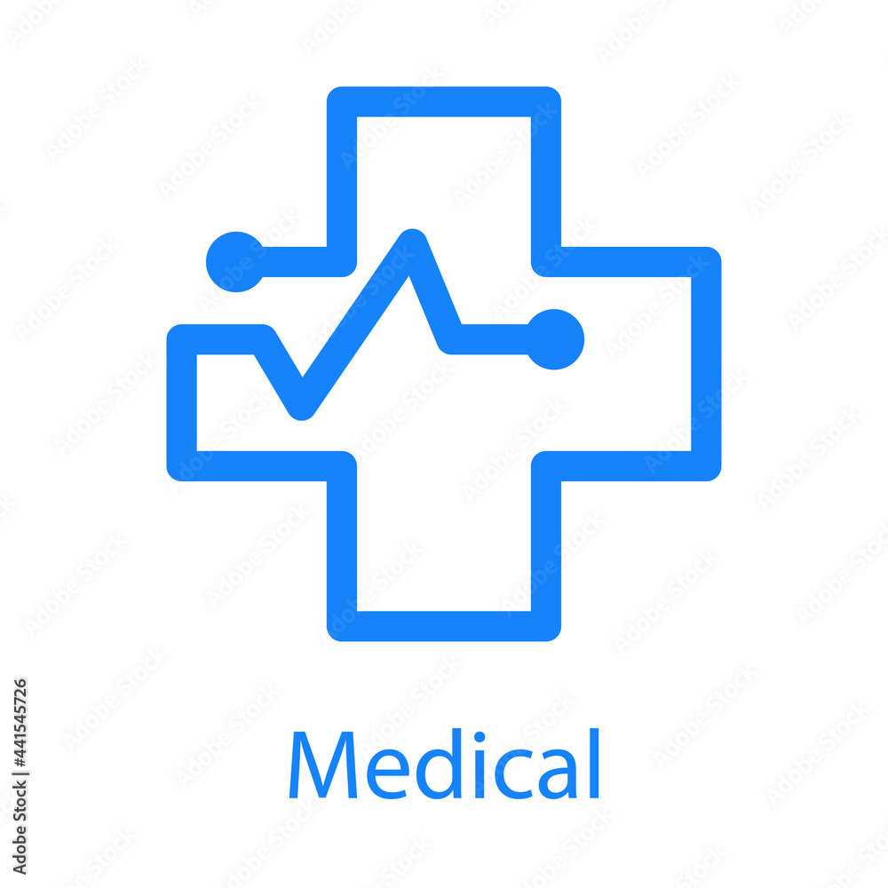 Logo con texto Medical con cruz con ritmo cardiaco con lineas en color azul Logo con texto Medical con cruz con ritmo cardiaco con lineas en color azul