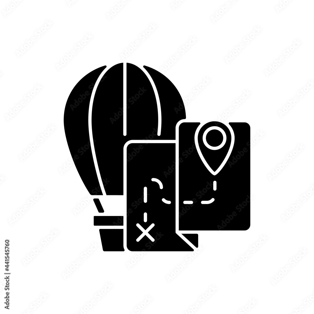 Hot air balloon tourism black glyph icon. Flight journey. Fly high in basket. Tour plan for entertainment. Travel industry category. Silhouette symbol on white space. Vector isolated illustration Hot air balloon tourism black glyph icon. Flight journey. Fly high in basket. Tour plan for entertainment. Travel industry category. Silhouette symbol on white space. Vector isolated illustration