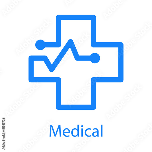 Logo con texto Medical con cruz con ritmo cardiaco con lineas en color azul