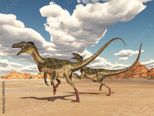Dinosaurier Ornitholestes in einer Landschaft © Michael Rosskothen