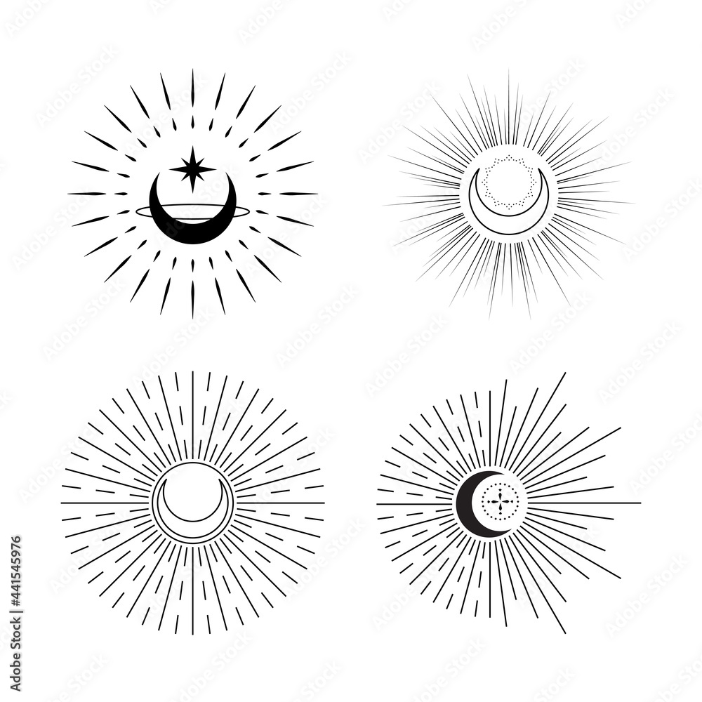 Set of celestial moon with sunburst logo. Minimal tattoo flat vector design