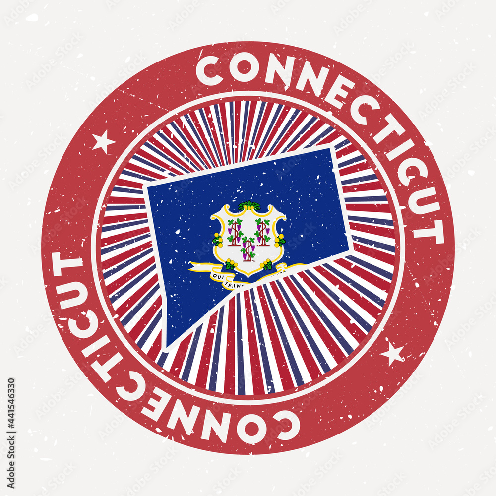 Connecticut round stamp. Logo of us state with state flag. Vintage badge with circular text and stars, vector illustration.
