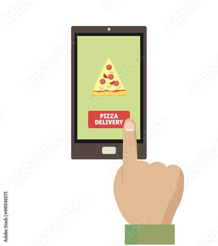 Vector illustration isolated on a white background 
 phone screen with hand 
 and an image on the pizza screen with the inscription: pizza delivery