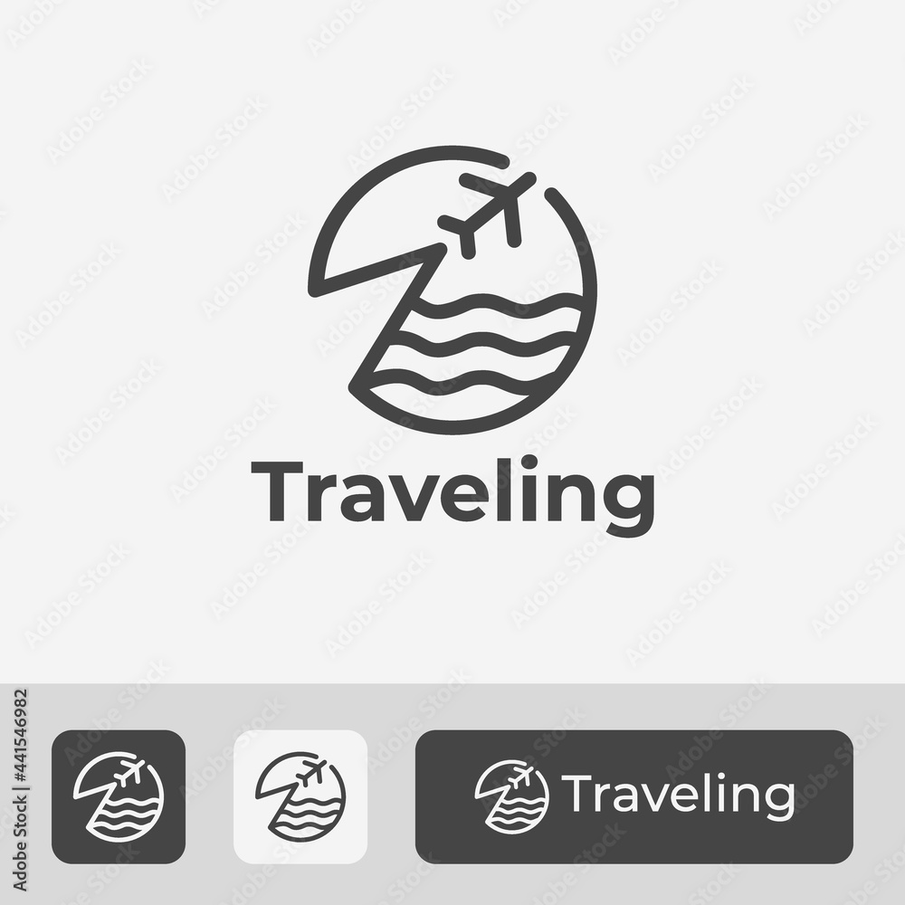 travel logo symbol with line art airplane design, beach, and sun icon vector illustration