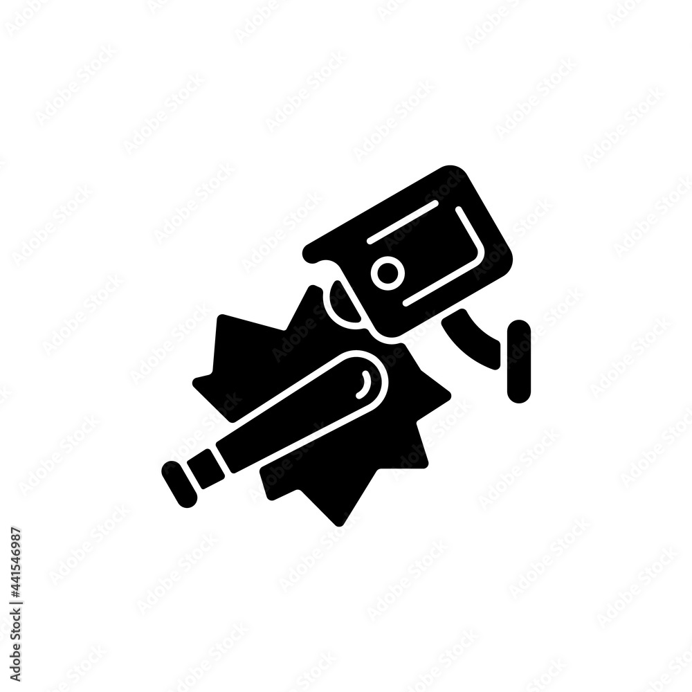 Public safety with video surveillance black glyph icon. Keeping people secure. Decreasing violent acts and vandalism risk. Silhouette symbol on white space. Vector isolated illustration Public safety with video surveillance black glyph icon. Keeping people secure. Decreasing violent acts and vandalism risk. Silhouette symbol on white space. Vector isolated illustration