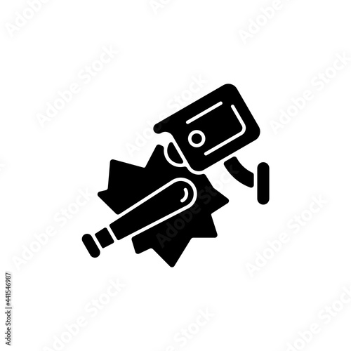 Public safety with video surveillance black glyph icon. Keeping people secure. Decreasing violent acts and vandalism risk. Silhouette symbol on white space. Vector isolated illustration