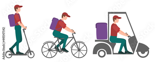 Set of types of couriers fast food delivery or shopping  online shopping. Scooter  tricycle and bicycle courier. Flat cartoon design. vector illustration.