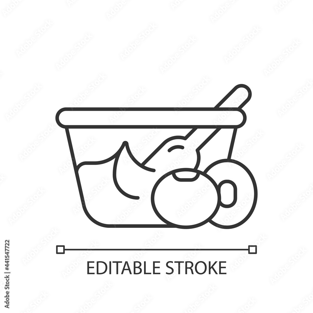 Miso linear icon. Naturaly made paste from soy beans. Popular vegetarian snacks. Thin line customizable illustration. Contour symbol. Vector isolated outline drawing. Editable stroke Miso linear icon. Naturaly made paste from soy beans. Popular vegetarian snacks. Thin line customizable illustration. Contour symbol. Vector isolated outline drawing. Editable stroke