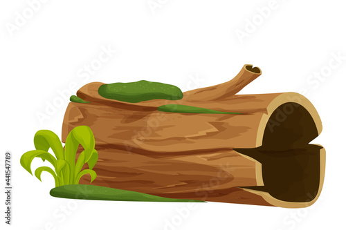 Old wood, tree log, trunk with moss and grass empty in cartoon style isolated on white background. Forest clip art, old and broken piece, part. . Vector illustration