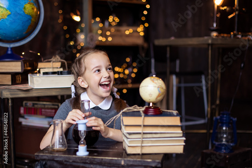 natural science chemistry lesson. Back to school. The student learns. The schoolgirl laughs. Pupil education elementary grades. positive emotions. New knowledge child development. Doing homework 