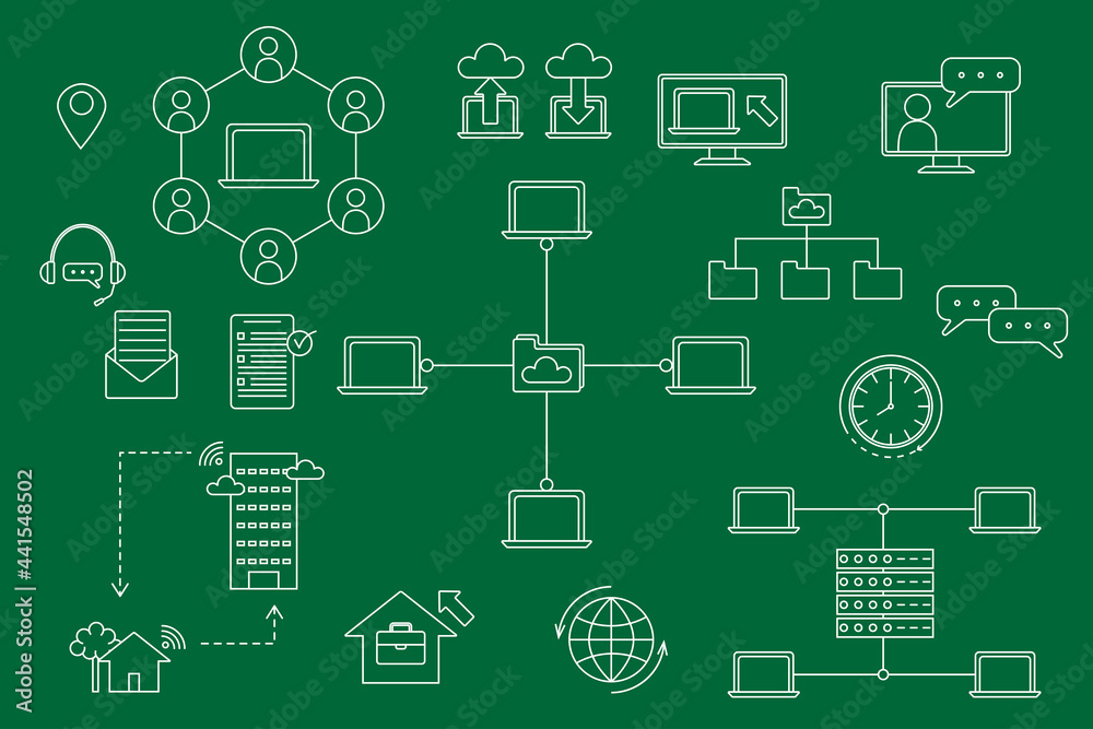 Work from home concept icon set is a white doodle style icon isolated on a green background Separating groups in sublayers for ease of use Work from home concept icon set is a white doodle style icon isolated on a green background Separating groups in sublayers for ease of use