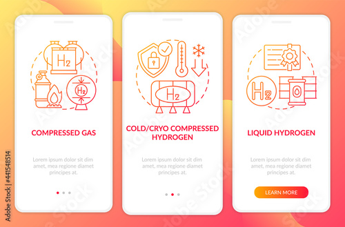 H2 storage approaches onboarding mobile app page screen. Cryo, cold compression walkthrough 3 steps graphic instructions with concepts. UI, UX, GUI vector template with linear color illustrations