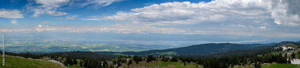 panoramic view from Mont Tendre over Lac Leman and Lausanne