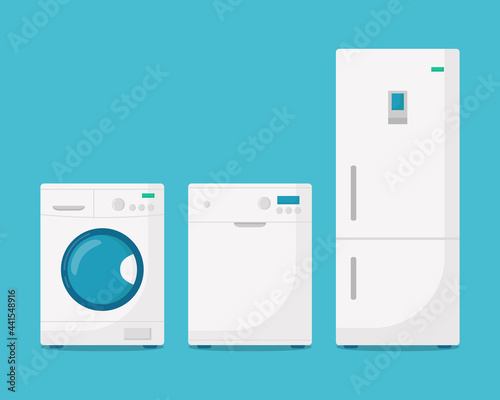 Set of household appliances. Washing machine, dishwasher, refrigerator on blue background. Vector illustration