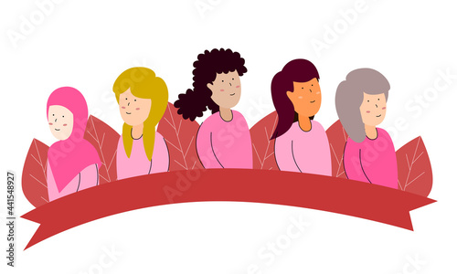 Vector illustration of multicultural women, women of different cultures and ethnicities peacefully side by side, women's support movement, brotherhood and friendship in women's differences
