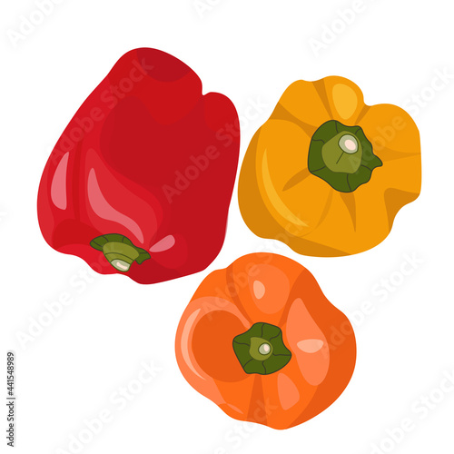 Three bell peppers: yellow, red, orange