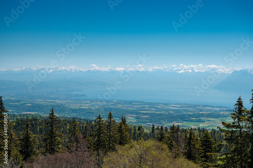 view from Jura Crest Trail over Lausanne, Lake Geneva and the Alps