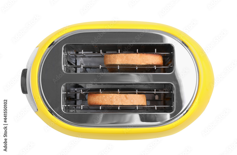 Electric toaster with bread slices isolated on white, top view Electric toaster with bread slices isolated on white, top view