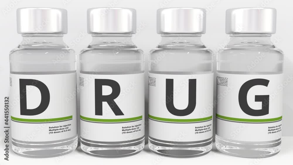 Medical glass bottles compose DRUG text. Conceptual 3d animation Medical glass bottles compose DRUG text. Conceptual 3d animation