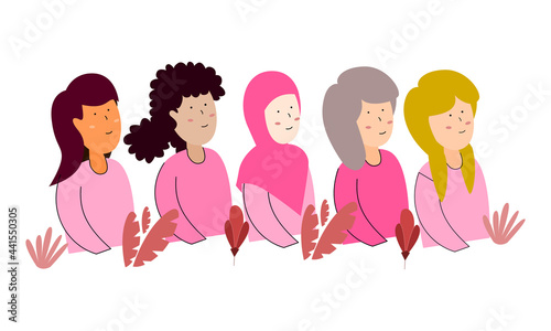 Vector illustration of multicultural women, women of different cultures and ethnicities peacefully side by side, women's support movement, brotherhood and friendship in women's differences
