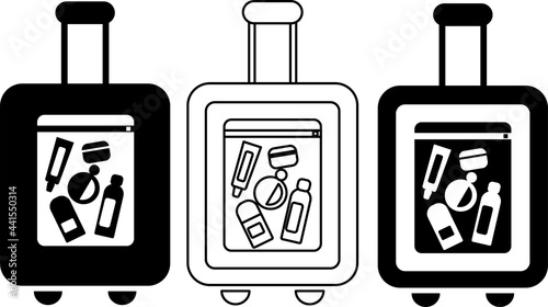 Carry-on luggage in the x-ray with liquids in airport. 100 ml cosmetic items in transparent plastic bag in suitcase. Set of flat icon, logo vector graphic black outline