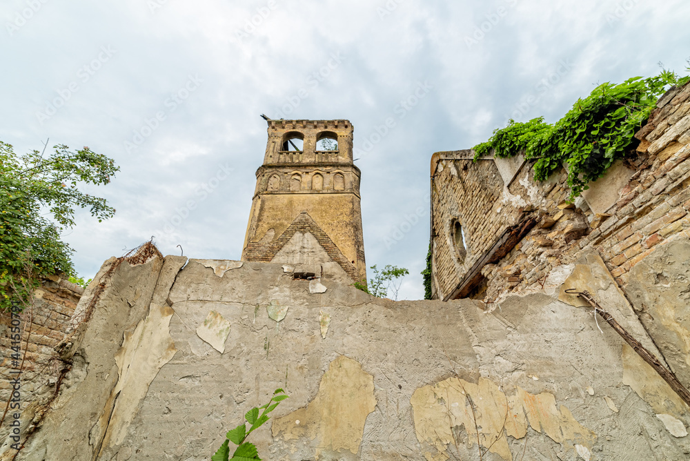 Aleksa Santic, Serbia - June 06, 2021: The abandoned Fernbach Castle, also known as Baba Pusta, was built in 1906 by Karol Fernbach for his own needs. - obrazy, fototapety, plakaty 