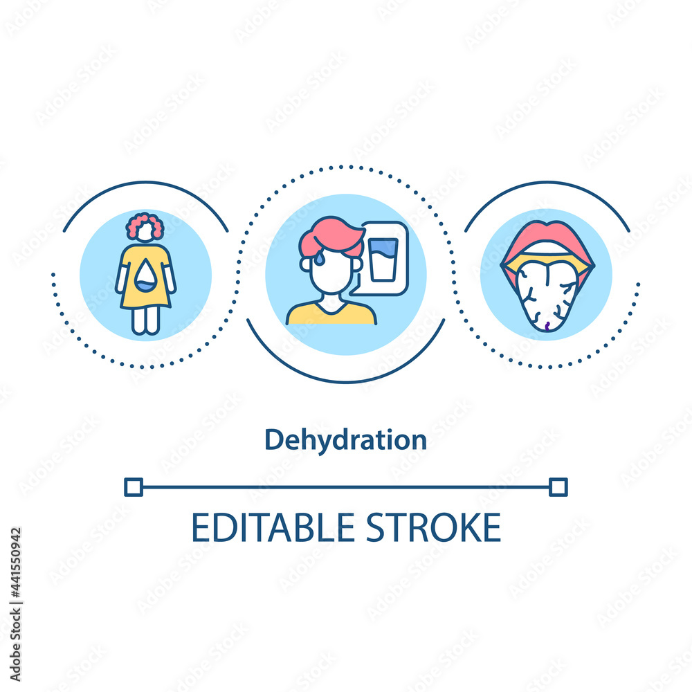 Dehydration concept icon. Summer illness abstract idea thin line illustration. Feeling thirsty. Body temperature rising. Dry mouth and tongue. Vector isolated outline color drawing. Editable stroke