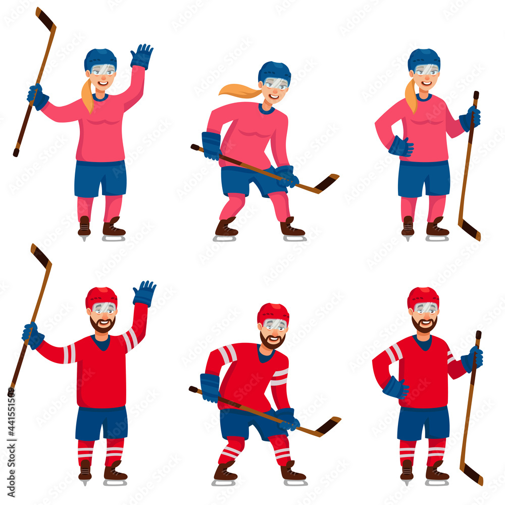 Set of hockey players in different poses. Male and female characters in