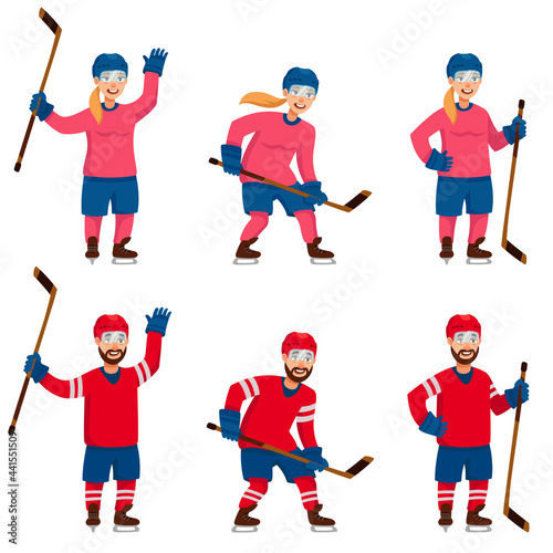 Set of hockey players in different poses. Male and female characters in cartoon style.