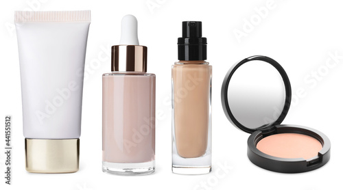 Set with different decorative cosmetic products on white background. Banner design