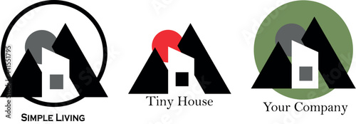 Tiny house with black mountain silhouettes and sun. Vector illustration logo of minimalist home in nature. Real estate, immo