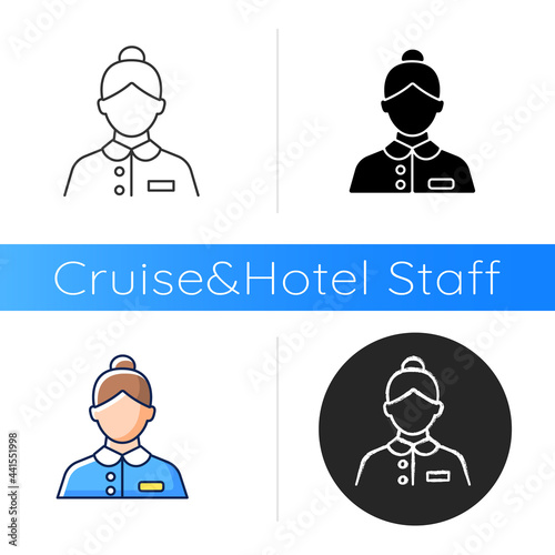 Cabin steward icon. Cleaning room of passengers during traveling. Answering questions of visitors. Helping guests. Linear black and RGB color styles. Isolated vector illustrations