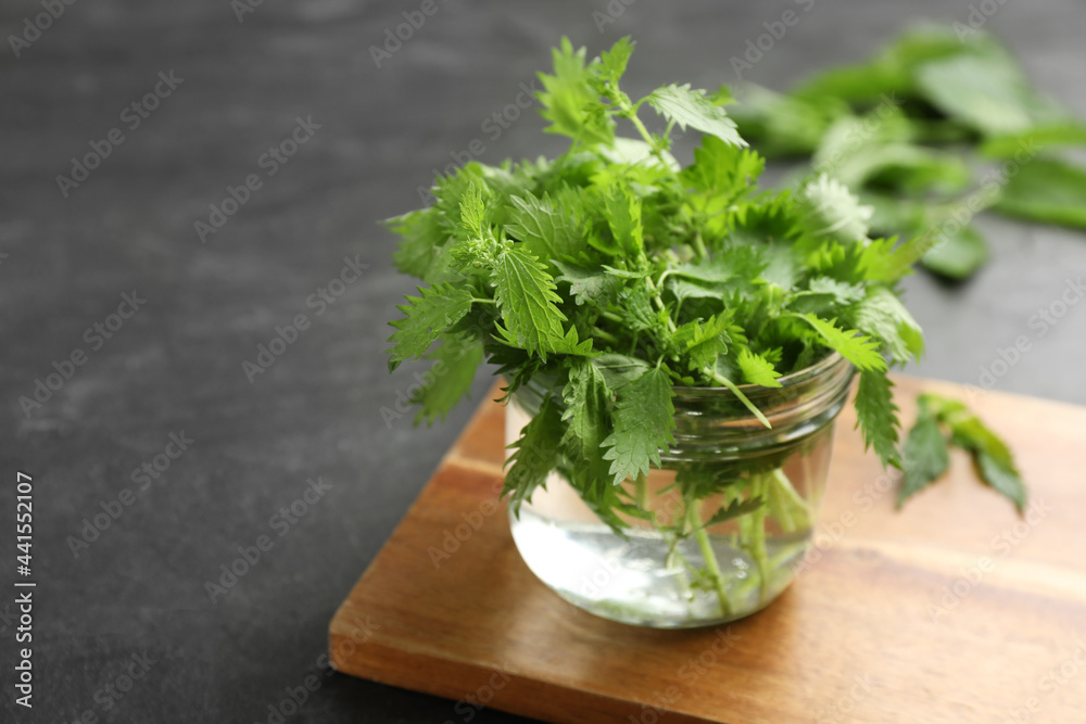 Fresh stinging nettles in jar on black table, closeup. Space for text Fresh stinging nettles in jar on black table, closeup. Space for text