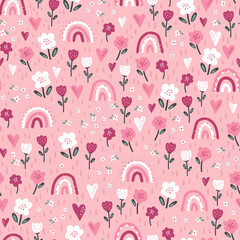 Fotobehang Lichtroze patronen Doodle regenbogen en bloemen patroon  © TALVA