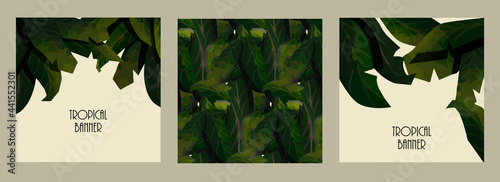 Abstract art tropical nature background vector. Watercolor live plants. Boho style. Foliage, botanical tropical leaves and floral seamless pattern for summer sale banners, prints and fabrics. EPS10