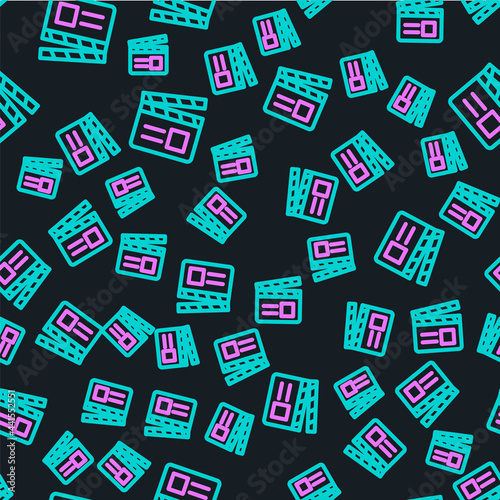 Line Movie clapper icon isolated seamless pattern on black background. Film clapper board. Clapperboard sign. Cinema production or media industry. Vector