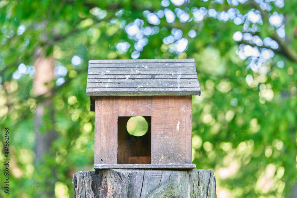Wooden birdhouse in the form of a house on a stump in the park Wooden birdhouse in the form of a house on a stump in the park