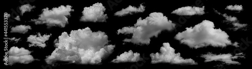 Clouds set isolated on black background. White cloudiness, mist or smog background. Collection of different clouds.