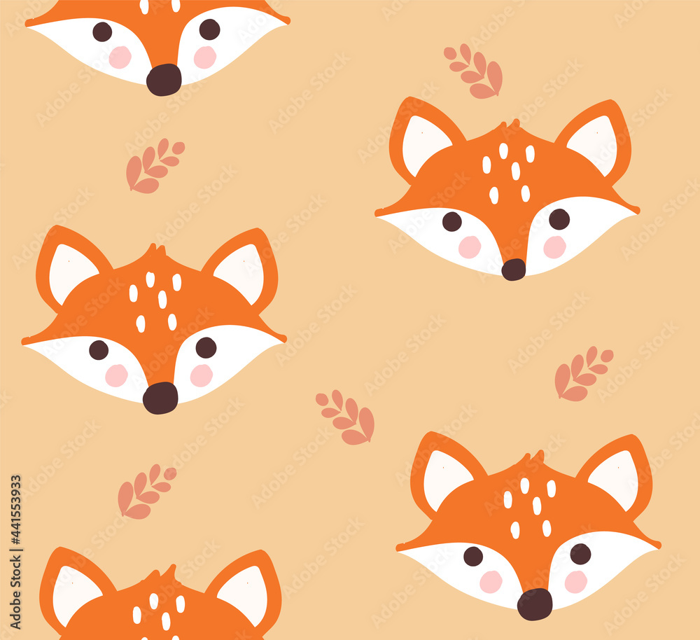 Seamless pattern with cute foxes and leaves