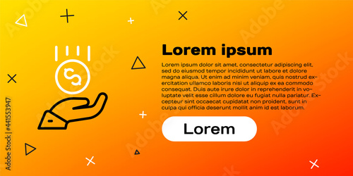 Line Coins on hand - minimal wage icon isolated on yellow background. Colorful outline concept. Vector