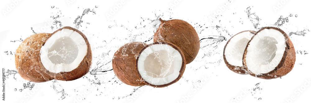 Fresh coconuts with water splash on isolated white background