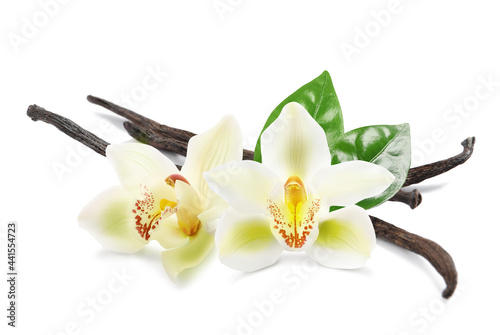 Dried aromatic vanilla sticks, beautiful flowers and green leaves on white background