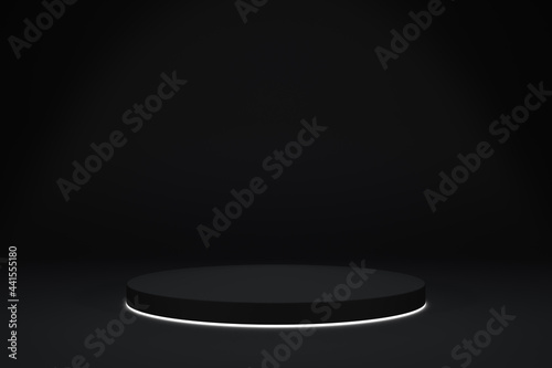 Blank black gradient background with product display platform. Empty studio with circle glowing podium pedestal on a black backdrop. 3D rendering