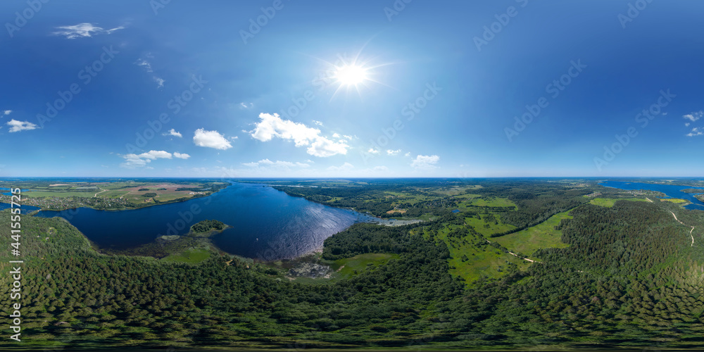 360-degree panoramic aerial view of the forest and lake in the middle lane