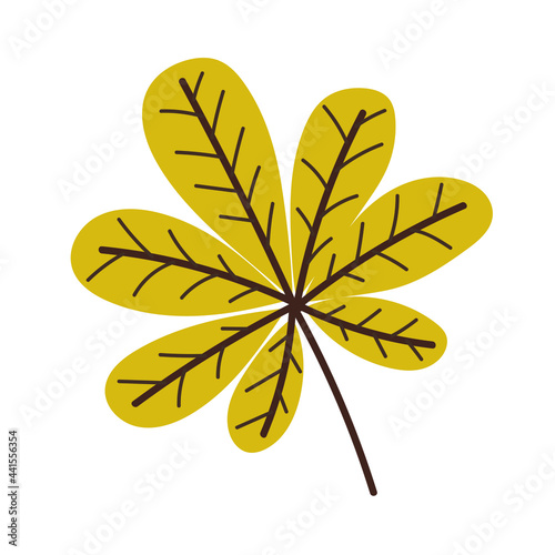 Yellow autumn chestnut leaf isolated on white background. Seasonal natural element for floral design in flat style - decorative object of fall plant part in vector illustration. Vector illustration