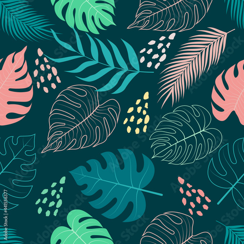 Seamless pattern of abstract botanical floral tropical flowers and leaves vector illustration