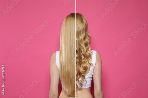 Young woman with long hair before and after using curlers on pink background, collage photo