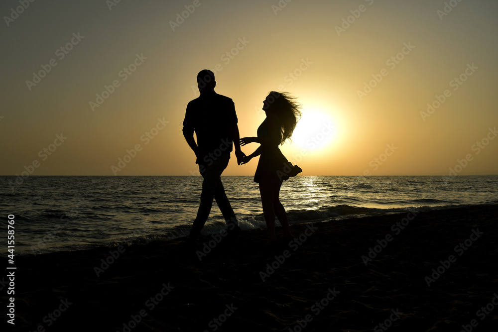 Silhouette of a Couple on the Beach at Sunset