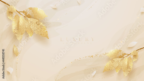 Golden leaves on watercolor style background. Luxury marble concept scene. Empty space to place text or products for advertising. 3d vector illustration.