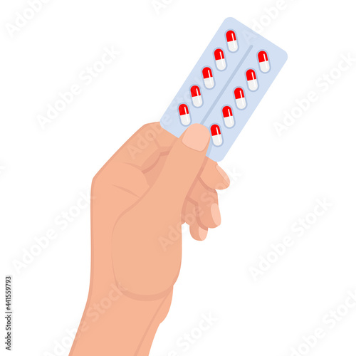 hand holds blister tablets pack of pills capsules, medicine concept, disease treatment concept. Injection syringe. Medicine healthcare concept. Medical background